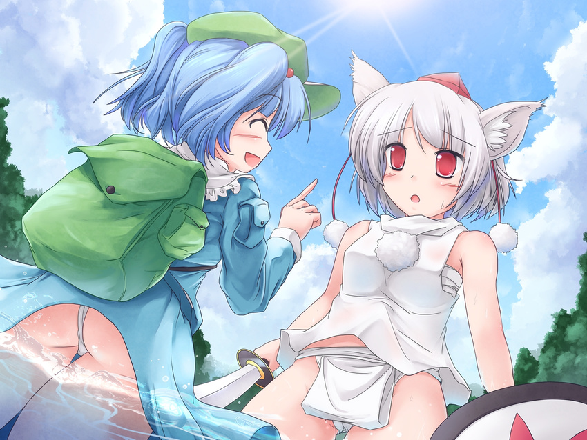 animal_ears ass backpack bag bare_shoulders blue_hair blush closed_eyes from_below fundoshi hair_bobbles hair_ornament hat highres inubashiri_momiji japanese_clothes kawashiro_nitori lzh multiple_girls no_pants open_mouth red_eyes sarashi shield short_hair silver_hair sleeveless smile sword tokin_hat touhou two_side_up weapon white_hair wolf_ears