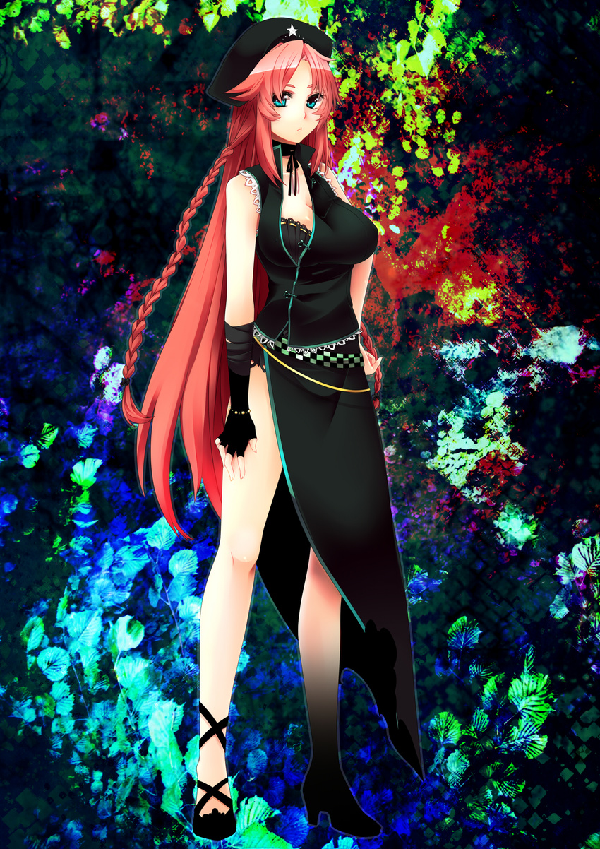 alternate_costume ankle_lace-up blue_eyes braid breasts cross-laced_footwear fingerless_gloves gloves hat highres hong_meiling lace large_breasts long_hair red_hair side_slit single_glove solo touhou very_long_hair yutazou