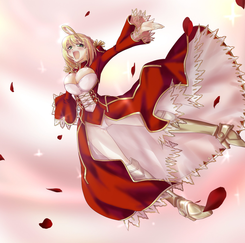 ahoge armor blonde_hair boots breasts cleavage dress epaulettes fate/extra fate_(series) gorakujin green_eyes highres large_breasts nero_claudius_(fate) nero_claudius_(fate)_(all) open_mouth panties petals ribbon see-through solo underwear
