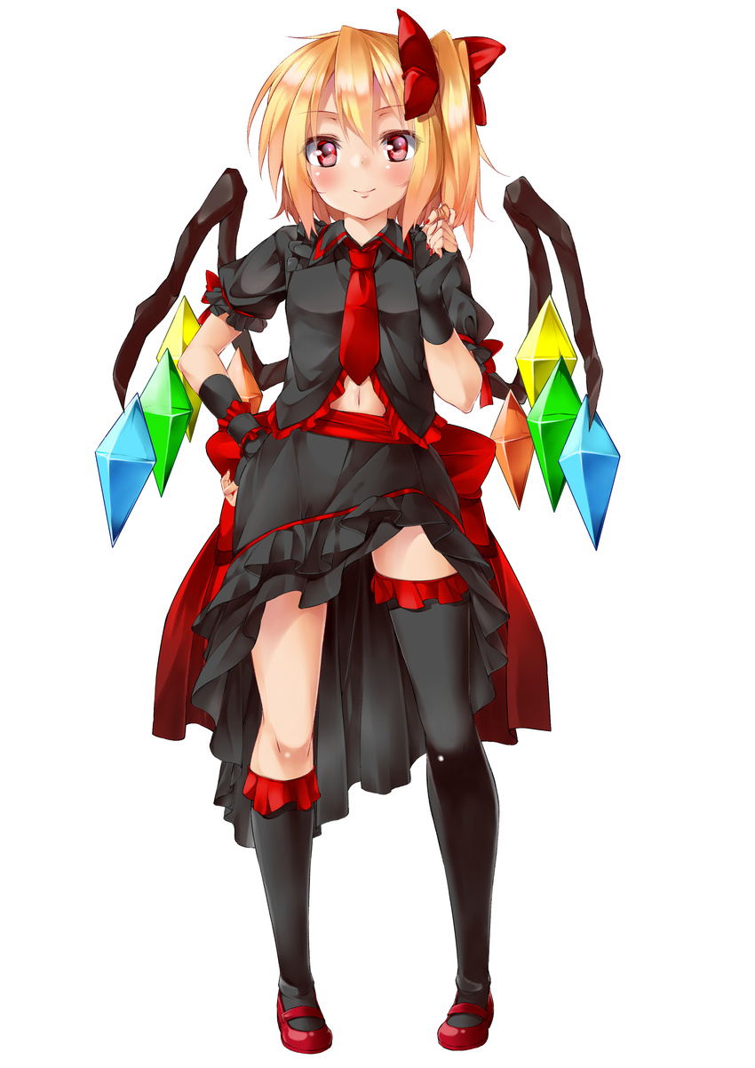 absurdres alternate_costume asymmetrical_clothes blonde_hair blush bow fingerless_gloves flandre_scarlet frills full_body gathers gloves hair_bow hair_twirling highres mamedenkyuu_(berun) mary_janes navel necktie red_eyes shoes side_ponytail simple_background skirt smile solo touhou white_background wings