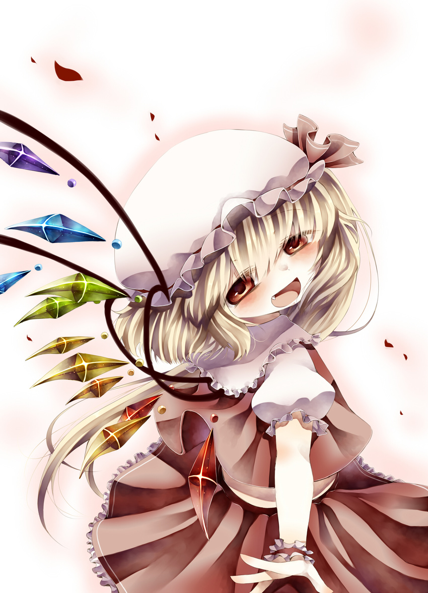 bad_id bad_pixiv_id blonde_hair blush bow dress fang flandre_scarlet hat highres open_mouth red_eyes short_hair side_ponytail smile solo tepes touhou wings