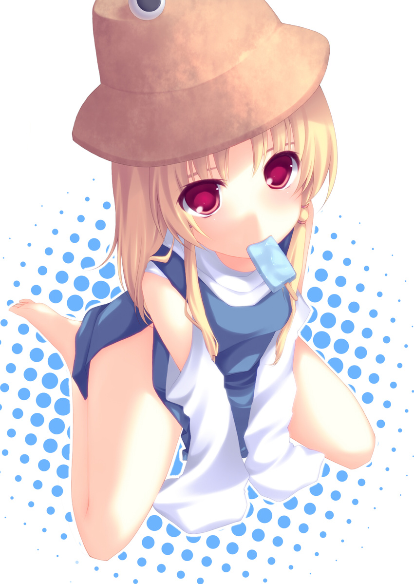 bad_id bad_pixiv_id barefoot blonde_hair detached_sleeves eating eyeball food hat highres kabata_(mechisan) long_hair moriya_suwako popsicle red_eyes sitting solo touhou wariza