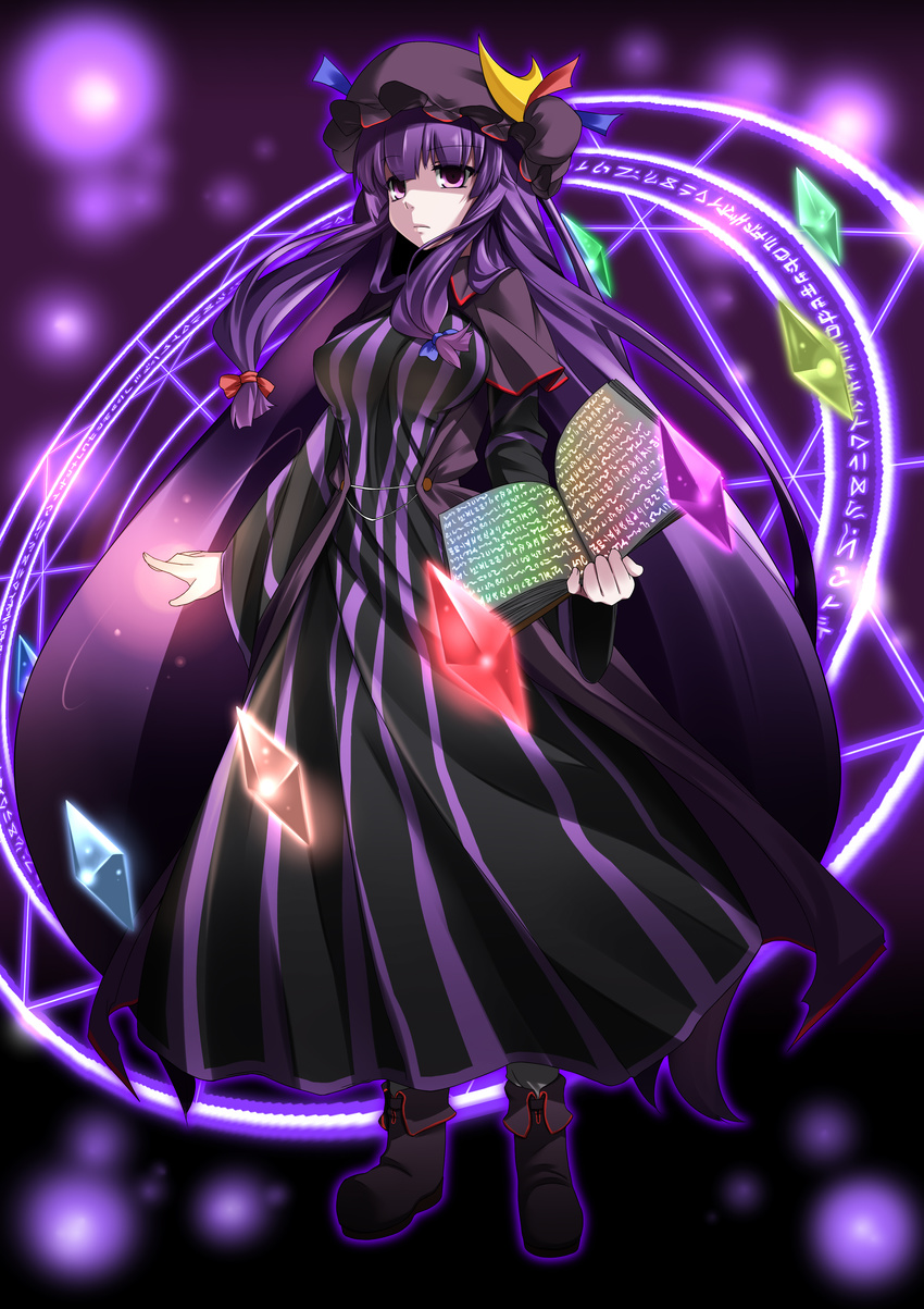 absurdres alternate_costume book crescent crystal frills hat highres long_hair magic_circle patchouli_knowledge purple_eyes purple_hair solo touhou very_long_hair yamane_akira