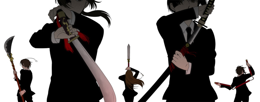 4boys ahoge axis_powers_hetalia bad_id bad_pixiv_id black_hair brown_eyes brown_hair china_(hetalia) dao formal from_behind hong_kong_(hetalia) japan_(hetalia) katana korea_(hetalia) long_hair miyamayomema multiple_boys muted_color necktie nunchaku polearm ponytail sheath simple_background suit sword taiwan_(hetalia) unsheathing weapon wind