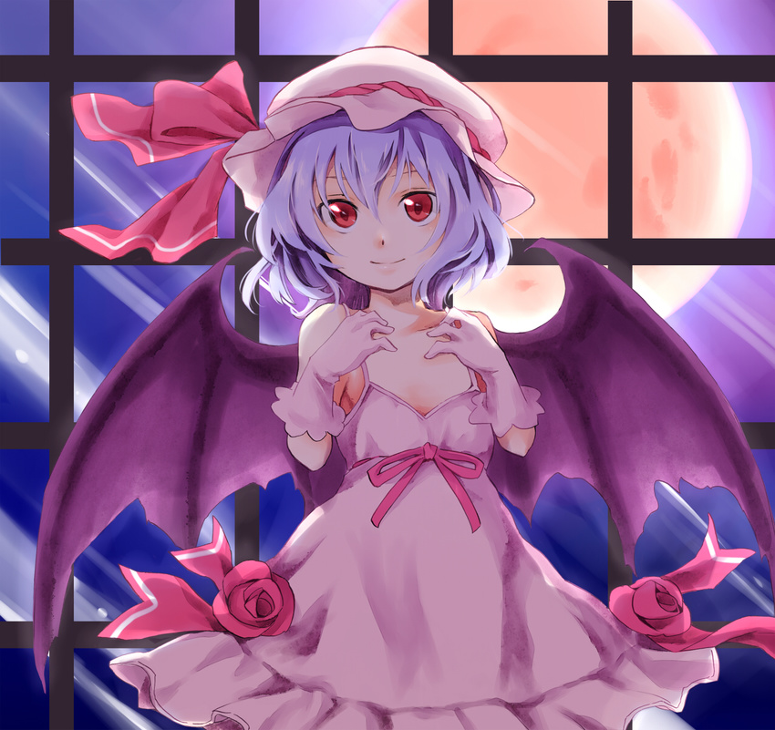 adapted_costume bare_shoulders bat_wings blue_hair dress flat_chest flower full_moon gloves hat hat_ribbon highres makuwauri moon red_eyes red_moon remilia_scarlet ribbon rose short_hair smile solo touhou window wings