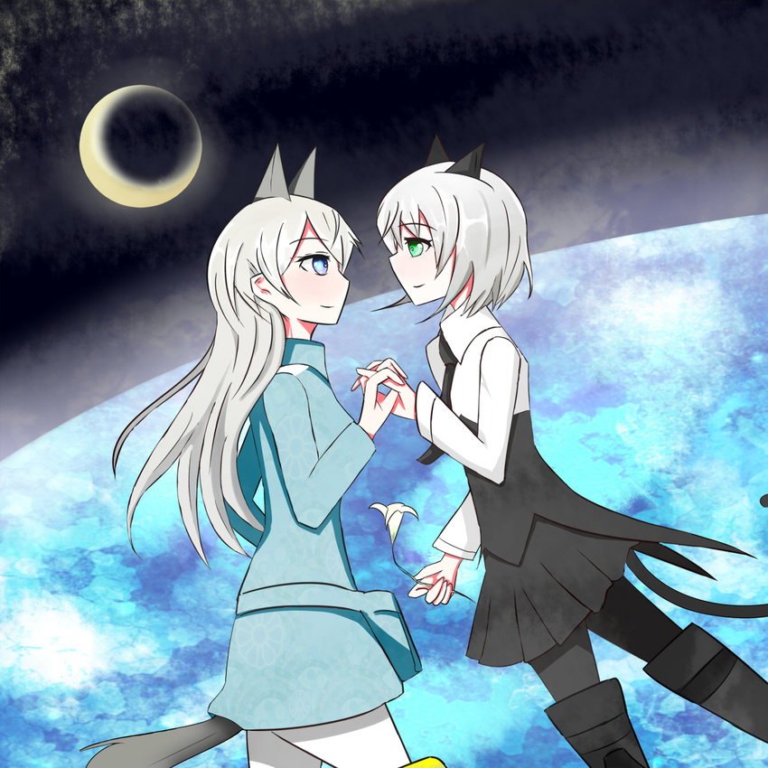 animal_ears black_legwear blue_eyes cat_ears cat_tail crescent_moon earth eila_ilmatar_juutilainen enchant_moko eye_contact flower fox_ears fox_tail green_eyes highres holding_hands lily_(flower) long_hair looking_at_another military military_uniform moon multiple_girls necktie pantyhose sanya_v_litvyak short_hair silver_hair smile space strike_witches striker_unit tail uniform white_hair white_legwear world_witches_series