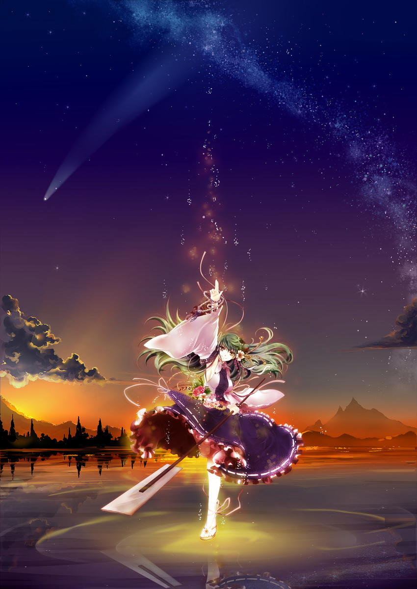 absurdres arm_up beads embellished_costume floating flower frills gohei green_hair hair_flower hair_ornament highres kochiya_sanae light_particles long_hair md5_mismatch mountain night prayer_beads shooting_star socha solo standing standing_on_liquid standing_on_one_leg star_(sky) sunset touhou tree water yellow_eyes