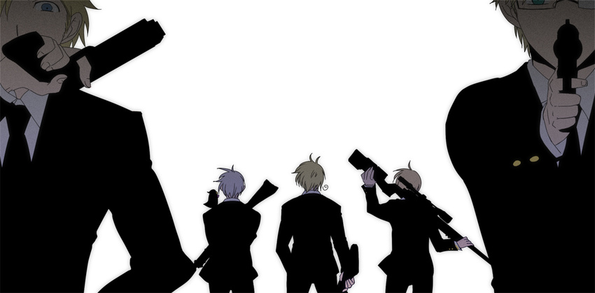 ahoge aiming_at_viewer animal animal_on_shoulder axis_powers_hetalia bad_id bad_pixiv_id bird bird_on_shoulder blonde_hair blue_eyes denmark_(hetalia) finland_(hetalia) formal from_behind glasses gun handgun iceland_(hetalia) male_focus miyamayomema multiple_boys muted_color necktie norway_(hetalia) pistol rifle silver_hair simple_background sniper_rifle suit sweden_(hetalia) weapon