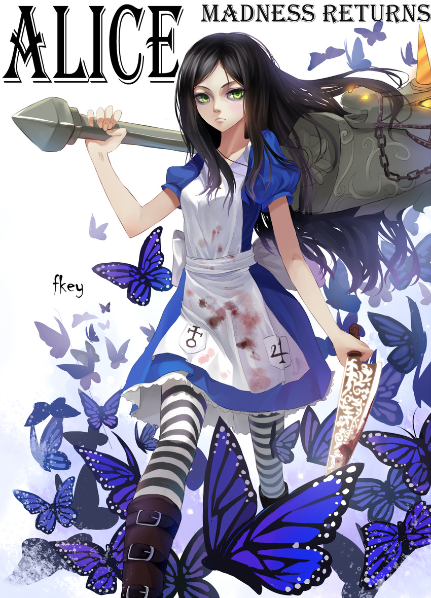 alice:_madness_returns alice_(wonderland) alice_in_wonderland blood bloody_clothes boots brown_hair bug butterfly chain fkey green_eyes highres insect jupiter_symbol long_hair solo striped striped_legwear thighhighs uranus_symbol weapon