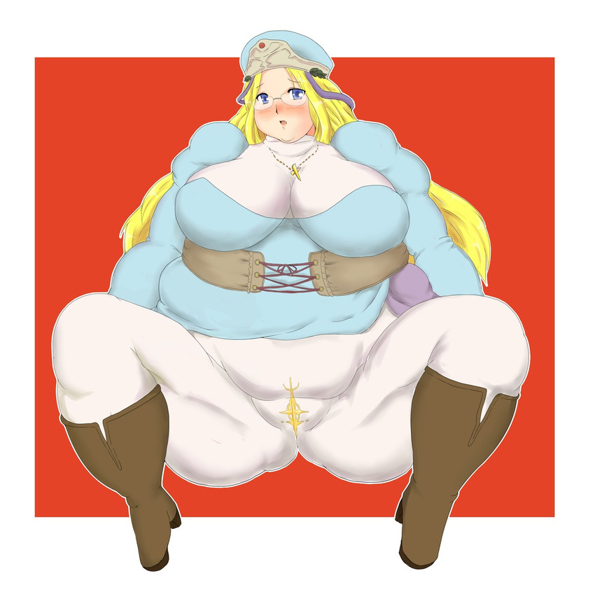 1girl blonde_hair blue_eyes blush boots breasts cross fat_mons glasses hiro5452 huge_breasts jewelry long_hair melpha necklace nun obese open_mouth pantyhose queen's_blade queen's_blade sitting solo spread_legs thick_thighs thighs tight