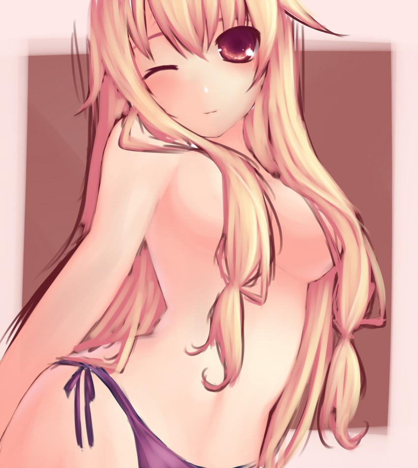 bad_id bad_pixiv_id blonde_hair breasts brown_eyes censored convenient_censoring hair_censor hair_over_breasts highres kabata_(mechisan) long_hair medium_breasts one_eye_closed panties side-tie_panties solo topless touhou underwear underwear_only yakumo_yukari