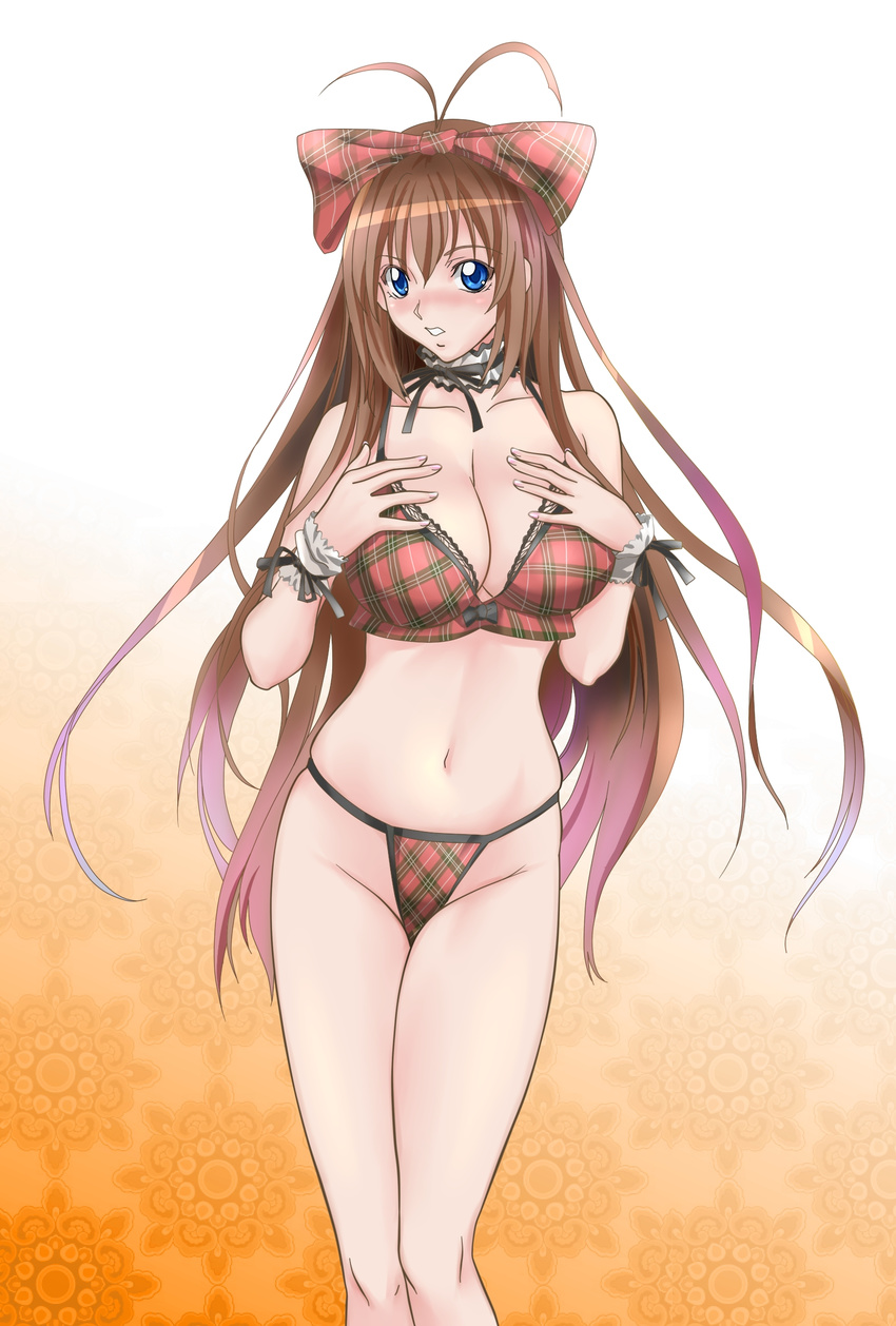 antenna_hair blue_eyes blush bow bra breasts brown_hair character_request choker cleavage commentary_request gradient gradient_background groin hair_bow highres large_breasts lingerie long_hair orange_background panties phantom_thousand plaid plaid_bra plaid_panties red_bra red_panties ribbon skindentation solo suuitchi underwear underwear_only very_long_hair white_background wrist_cuffs