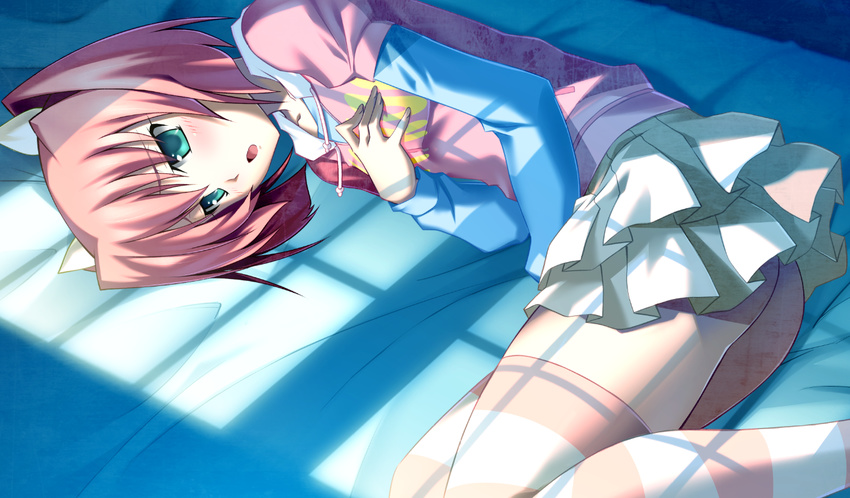 bed game_cg green_eyes izumi_mahiru masturbation short_hair tagme_(character) thighhighs vermilion_-bind_of_blood-