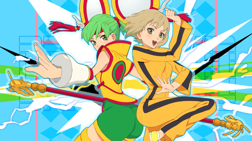ass bad_id bad_pixiv_id blonde_hair bodysuit bruce_lee's_jumpsuit chinese_clothes detached_sleeves dragon_kid dual_persona fighting_stance green_eyes green_hair hair_ornament hat highres huang_baoling lightning multiple_girls orange_bodysuit ponytail short_hair shorts staff thighhighs tiger_&amp;_bunny umishima_senbon