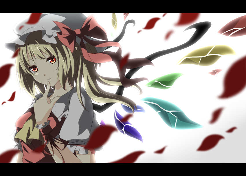 ascot bad_id bad_pixiv_id blonde_hair bow breasts eyebrows_visible_through_hair finger_to_mouth flandre_scarlet frilled_shirt_collar frilled_sleeves frills hat hat_bow hat_ribbon itoo letterboxed looking_at_viewer looking_to_the_side mob_cap parted_lips petals puffy_short_sleeves puffy_sleeves red_bow red_eyes red_ribbon ribbon short_hair short_sleeves side_ponytail small_breasts solo touhou upper_body white_background wings wrist_cuffs wrist_ribbon yellow_neckwear