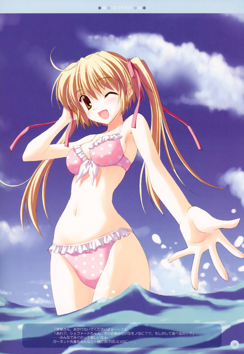 ;d absurdres bikini blonde_hair brown_eyes copyright_request highres long_hair nanao_naru one_eye_closed open_mouth perspective polka_dot polka_dot_bikini polka_dot_swimsuit smile solo swimsuit twintails