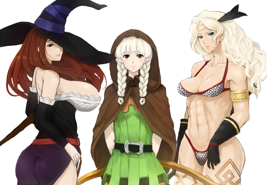 3girls abs amazon_(dragon's_crown) amazon_(dragon's_crown) artist_request ass bikini breasts cleavage dragon's_crown dragon's_crown elf_(dragon's_crown) hat hat_over_one_eye highres hood huge_breasts large_breasts madarame multiple_girls muscle pointy_ears smile sorceress_(dragon's_crown) sorceress_(dragon's_crown) swimsuit vanillaware