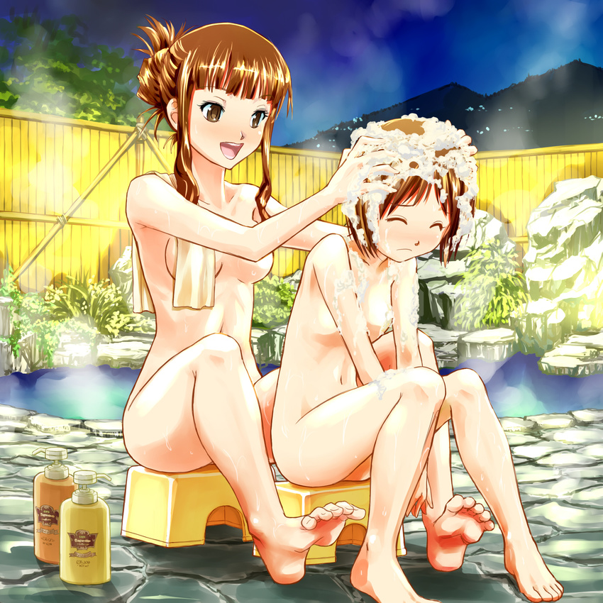 2girls barefoot bath_stool blush breasts brown_eyes brown_hair bubble closed_eyes convenient_arm convenient_censoring feet flat_chest hair_up hand_in_hair hidaka_ai hidaka_mai highres idolmaster idolmaster_dearly_stars long_hair medium_breasts mother_and_daughter multiple_girls nude onsen open_mouth shampoo short_hair sitting smile soap_bubbles soap_censor steam stool toes towel towel_on_one_shoulder washing_hair water yellow_towel