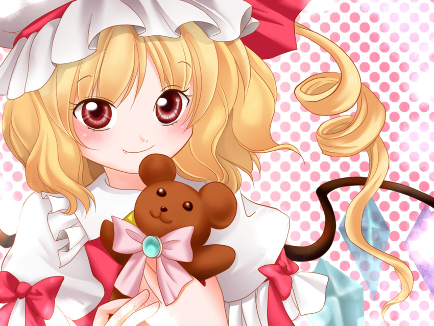 blonde_hair blush bow close-up closed_mouth commentary_request drill_hair face fang flandre_scarlet hat red_eyes ribbon side_ponytail smile solo stuffed_animal stuffed_toy teddy_bear touhou wings yuzuna99