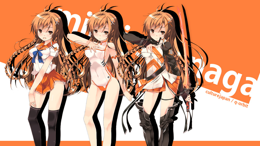 alternate_costume bare_legs belt black_legwear blush braid breasts brown_eyes brown_hair choker culture_japan greaves hair_ornament hairclip hand_on_own_chest highres long_hair mascot medium_breasts mirai_millennium one-piece_swimsuit pleated_skirt refeia school_uniform serafuku skirt smile suenaga_mirai swimsuit sword thigh_strap thighhighs twin_braids weapon