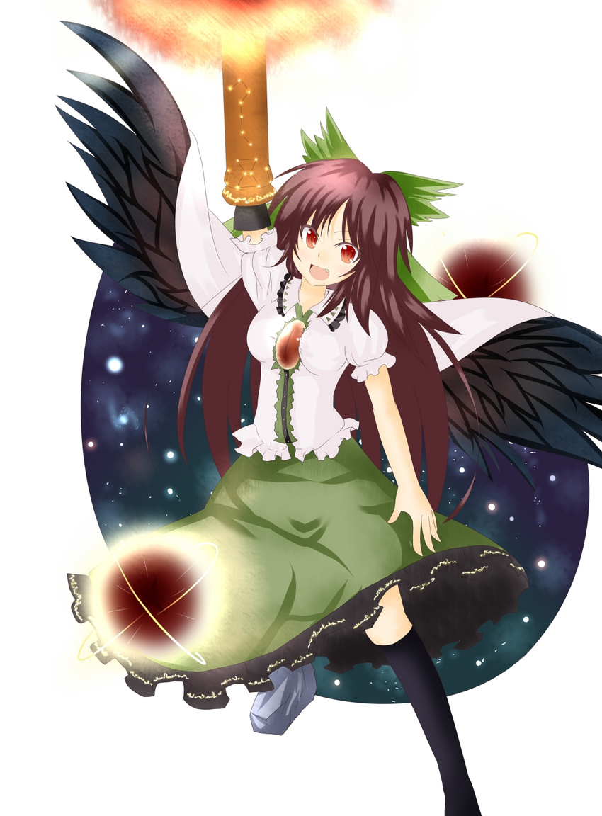 arm_cannon bow brown_hair cape green_bow hair_bow highres long_hair open_mouth red_eyes reiuji_utsuho solo touhou waizu weapon wings