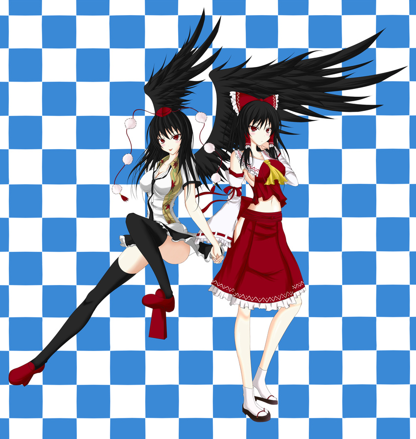 :p black_hair black_wings blush bow breasts checkered checkered_background cleavage detached_sleeves frown geta gmot hair_bow hair_tubes hakurei_reimu hat highres holding_hands large_breasts long_hair midriff multiple_girls necktie red_eyes sandals shameimaru_aya skirt tengu-geta thighhighs tokin_hat tongue tongue_out touhou wings