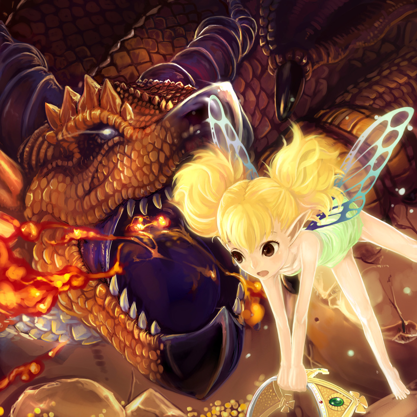 barefoot blonde_hair breathing_fire brown_eyes crown dragon dragon's_crown fairy fire flame gold highres pointy_ears solo takeda_yukimura tiki_(dragon's_crown) wings