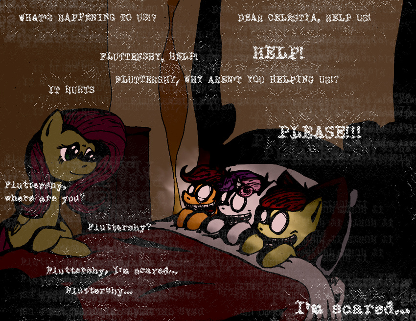 applebloom_(mlp) bed blind creepy cub cutie_mark_crusaders_(mlp) di_fi di_fl equine female feral fluttershy_(mlp) foal friendship_is_magic group hasbro he_who_waits_behind_the_wall horn horse i'm_scared_please_help i'm_scared_please_help mammal mind_rape my_little_pony nightmare_fuel pegasus pony scootaloo_(mlp) sleepover sweetie_belle_(mlp) unicorn wings young zalgo