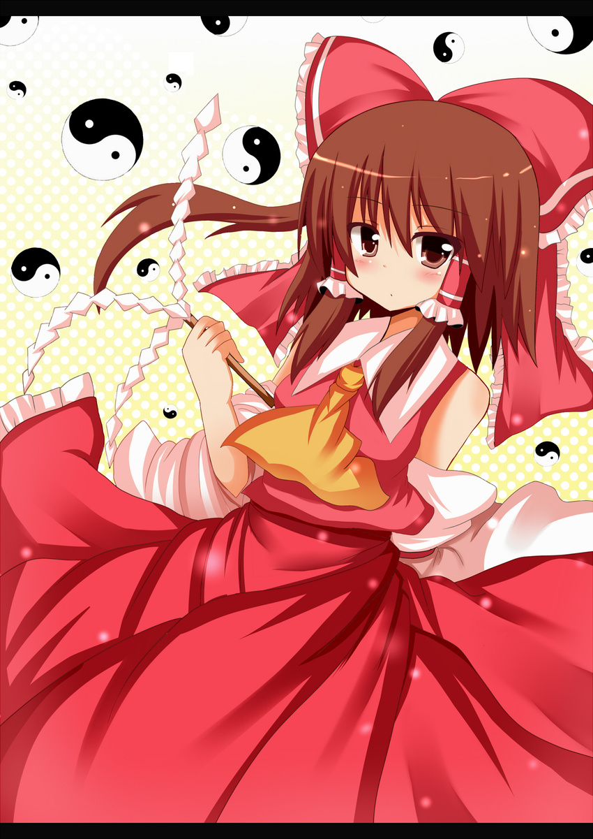 absurdres bad_id bad_pixiv_id brown_eyes brown_hair detached_sleeves hair_ribbon hakurei_reimu highres ribbon shinekalta solo touhou