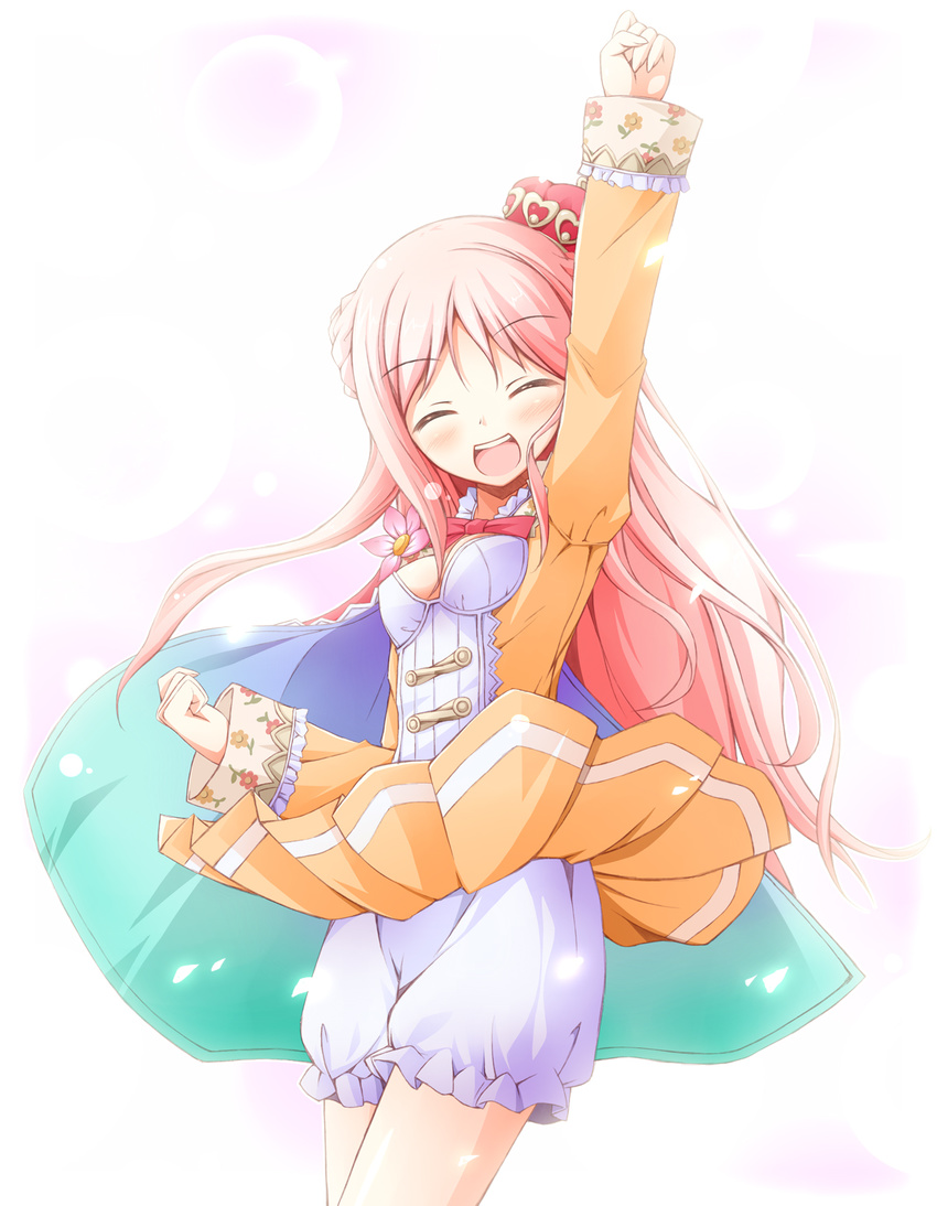 :d ^_^ arm_up atelier_(series) atelier_meruru bloomers bow braid cape closed_eyes crown flower happy highres kanzaki_sora long_hair merurulince_rede_arls multicolored multicolored_cape multicolored_clothes open_mouth outstretched_arm pink_hair ribbon skirt smile solo underwear white_background white_bloomers yellow_skirt