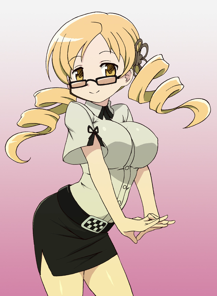 baron_(baron-eros) bespectacled blonde_hair breast_squeeze breasts cosplay drill_hair glasses gradient gradient_background hair_ornament highres kiryuu_moeka kiryuu_moeka_(cosplay) large_breasts long_hair mahou_shoujo_madoka_magica miniskirt pencil_skirt skirt smile solo steins;gate tomoe_mami twin_drills twintails yellow_eyes
