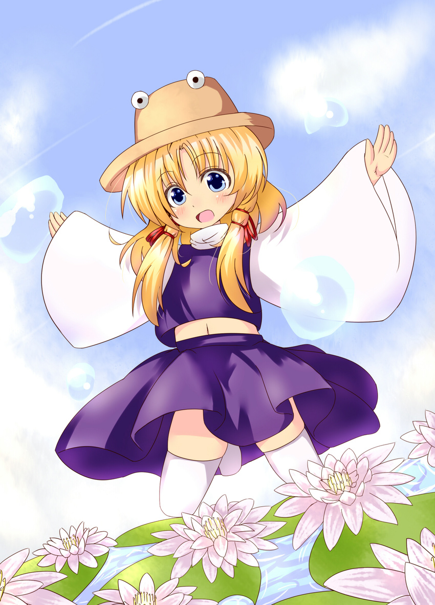 absurdres blonde_hair blue_eyes frog hat highres lily_pad long_hair midriff moriya_suwako navel open_mouth outstretched_arms sidelocks skirt solo spread_arms thighhighs touhou waizu white_legwear