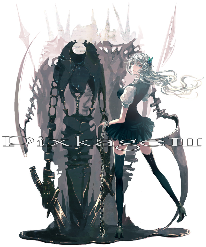 absurdres black_legwear bug butterfly chain from_behind grey_eyes hair_ornament high_heels highres insect long_hair looking_back nicole_pmonachi pixiv_shadow shoes skirt solo sword thighhighs weapon white_hair zettai_ryouiki