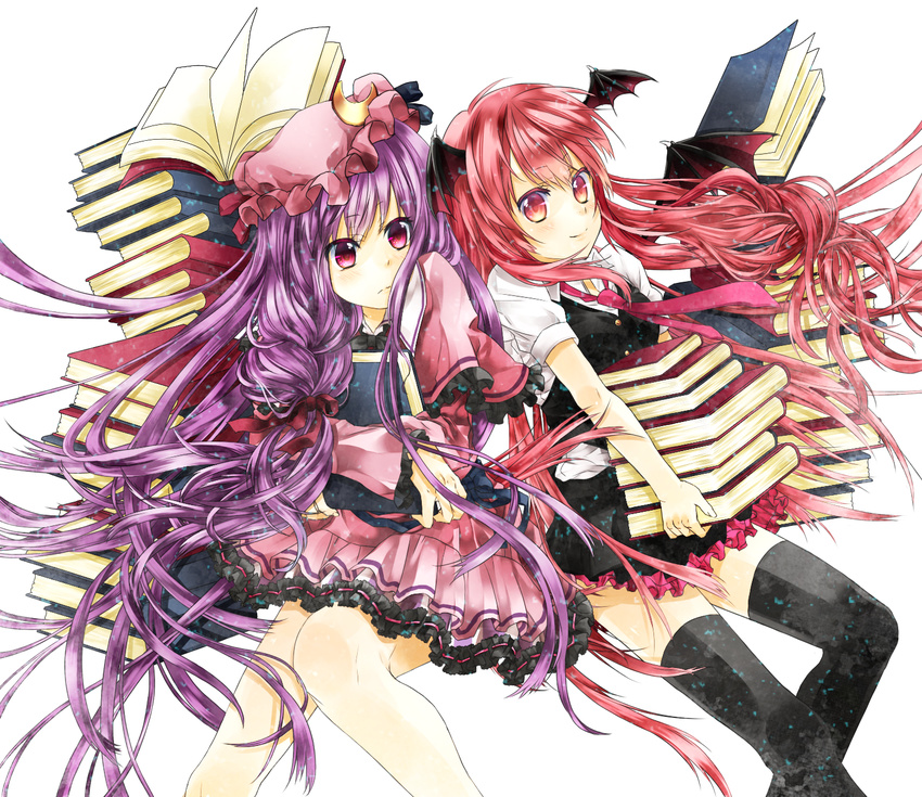 bad_id bad_pixiv_id bat_wings black_legwear book bow buttons colored_eyelashes crescent dress_shirt eyelashes hair_bow hat head_wings highres koakuma kujaku_renka long_hair multiple_girls necktie patchouli_knowledge purple_eyes purple_hair red_eyes red_hair shirt smile thighhighs touhou very_long_hair vest wings zettai_ryouiki