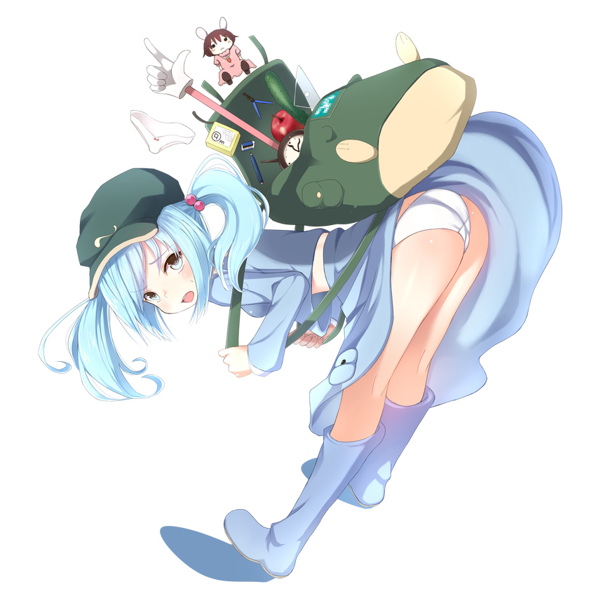 absurdres ass backpack bad_id bad_pixiv_id bag bent_over blue_eyes blue_hair blush boots censored character_doll clock curly_hair eraser full_body hair_bobbles hair_ornament hat highres inaba_tewi kawashiro_nitori open_mouth panties pantyshot pencil pokachu short_hair solo striped striped_panties tombow_mono touhou transparent_background two_side_up underwear white_panties