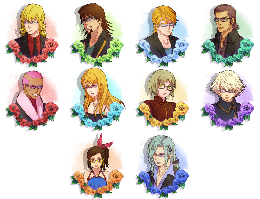 6+boys antonio_lopez bad_id bad_pixiv_id barnaby_brooks_jr bespectacled blonde_hair blue_flower blue_rose bow brown_eyes brown_hair changye dark_skin dress everyone flower formal glasses green_eyes green_flower green_rose grey_hair hair_bow hair_ornament hairclip huang_baoling ivan_karelin kaburagi_kaede kaburagi_t_kotetsu karina_lyle keith_goodman long_hair multiple_boys multiple_girls nathan_seymour orange_flower orange_rose pale_skin pink_eyes pink_hair ponytail purple_eyes purple_flower purple_rose red_flower red_rose rose short_hair side_ponytail suit tiger_&amp;_bunny upper_body yellow_flower yellow_rose yuri_petrov