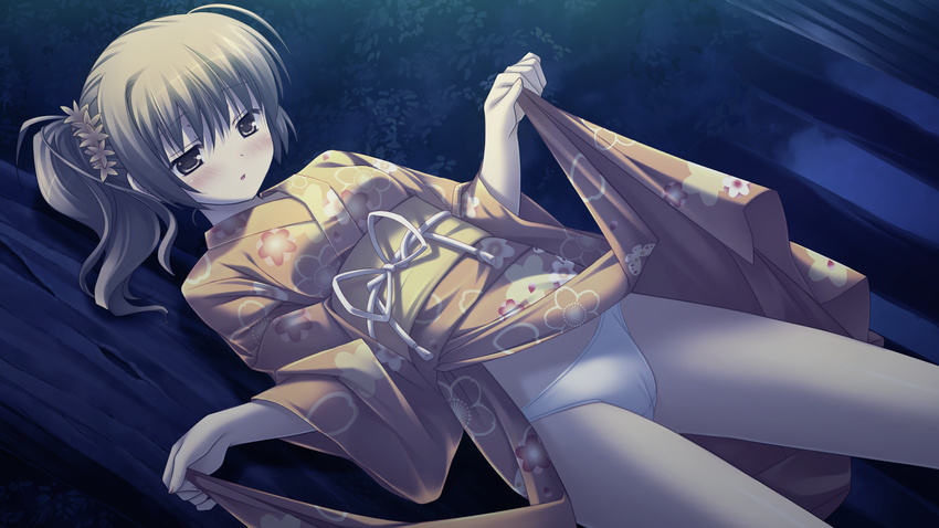 blush brown_eyes brown_hair game_cg ikegami_akane japanese_clothes makiya_sumika panties skirt_lift underwear with_ribbon yukata