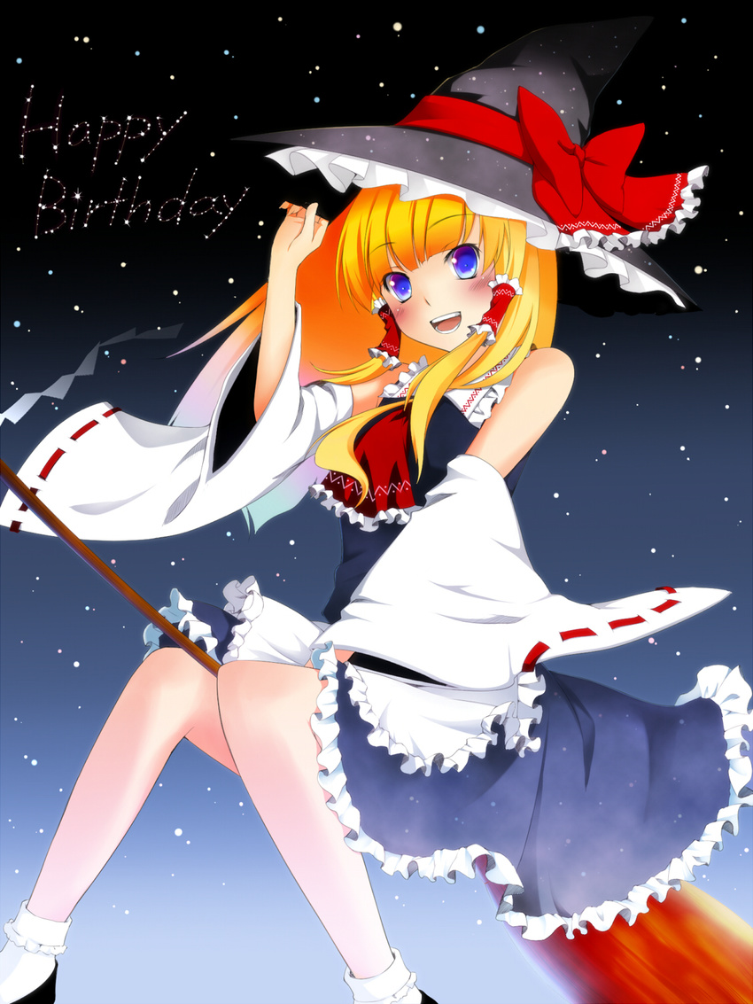 ascot bad_id bad_pixiv_id bare_shoulders blonde_hair blue_eyes blush bow broom broom_riding detached_sleeves dress frills hair_tubes hakurei_reimu hand_on_headwear happy_birthday hat hat_tip highres if_they_mated implied_yuri ips_cells kirisame_marisa long_hair open_mouth smile solo touhou umxzo witch_hat
