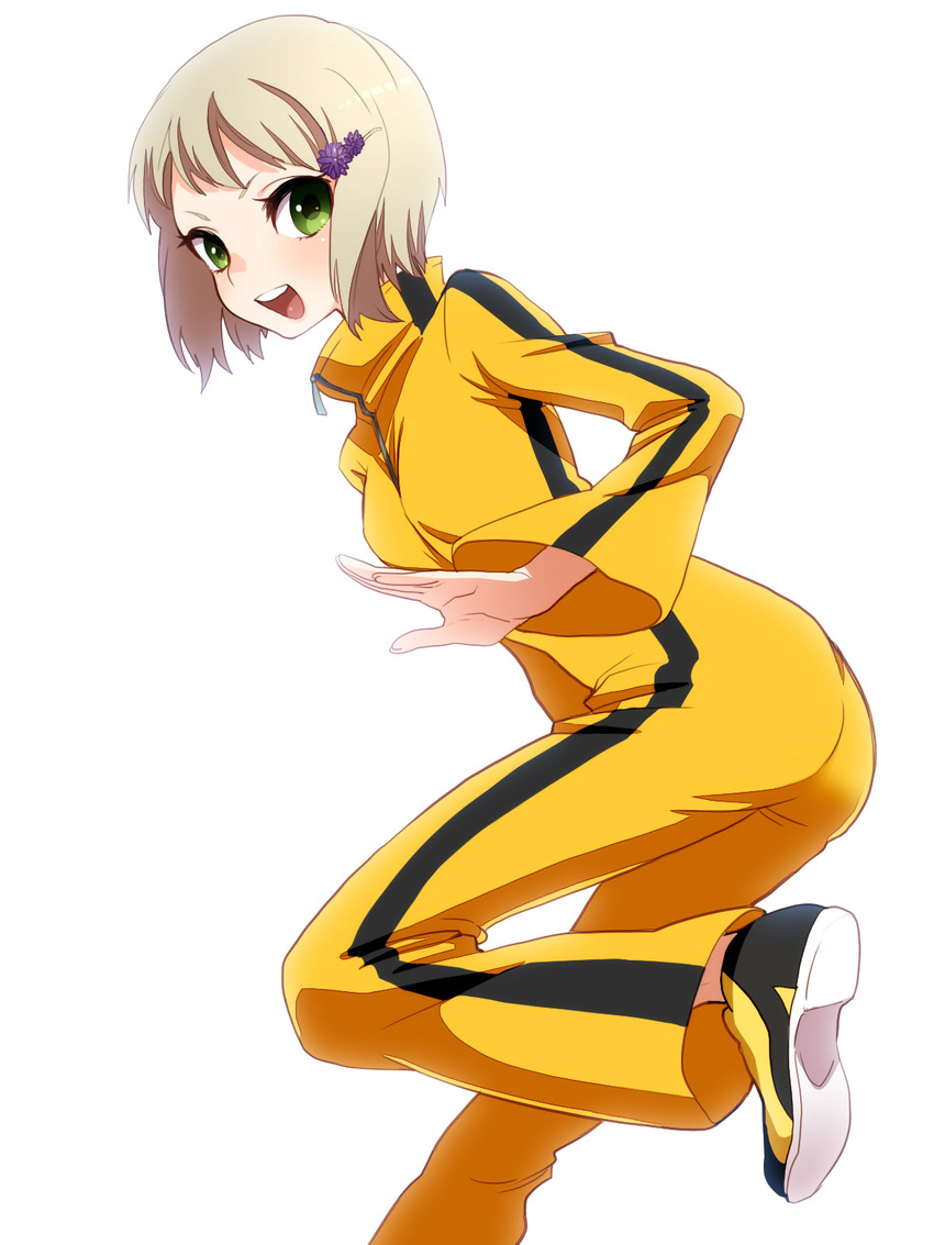 bad_id bad_pixiv_id blonde_hair bodysuit bruce_lee's_jumpsuit flower green_eyes hair_ornament hairclip highres huang_baoling musco orange_bodysuit short_hair simple_background solo tiger_&amp;_bunny white_background