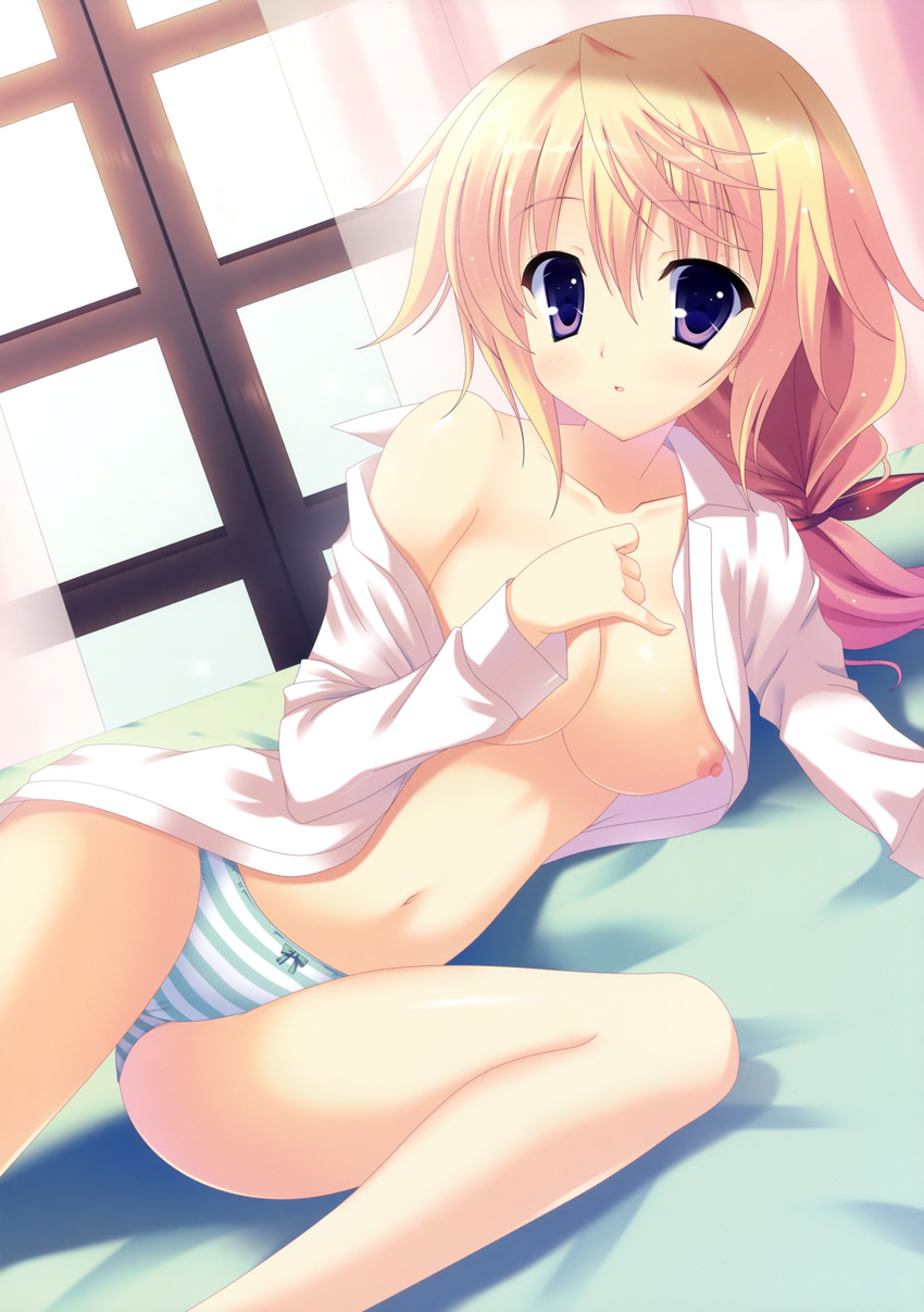 1girl absurdres breasts charlotte_dunois highres infinite_stratos long_legs naruse_mamoru no_bra open_clothes open_shirt panties shirt solo striped striped_panties underwear
