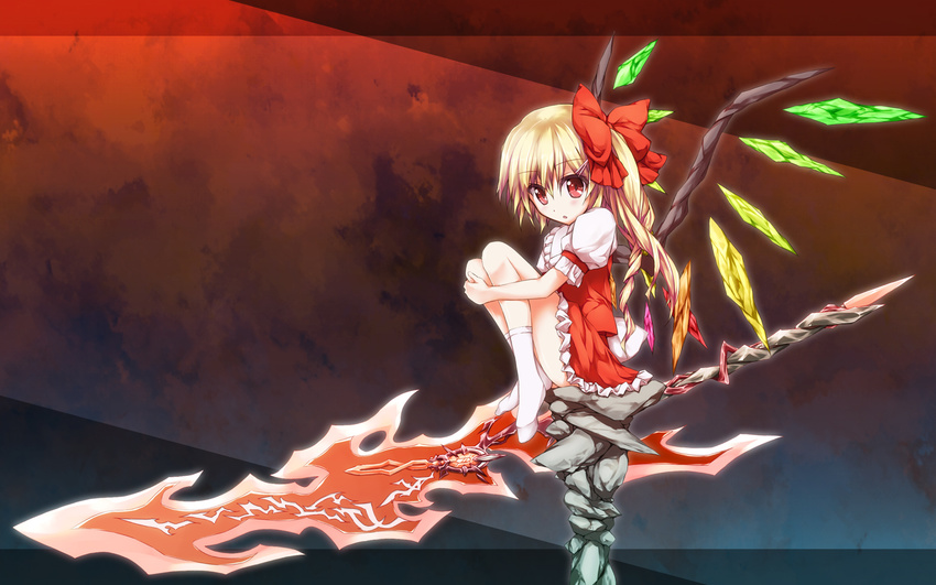 alternate_weapon bad_id bad_pixiv_id banned_artist blonde_hair bow crystal flandre_scarlet hair_bow hat highres leg_hug long_hair side_ponytail sitting socks solo sword toshizaki_shouma touhou weapon white_legwear wings