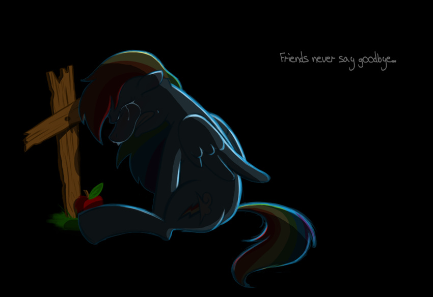 &dagger; apple black_background blue_body cross crying cutie_mark depressing english_text equine female feral friendship_is_magic fruit grave hair hasbro mammal multi-colored_hair my_little_pony pegasus plain_background rainbow_dash_(mlp) rainbow_hair sad sir_dangereaux solo tears text wings