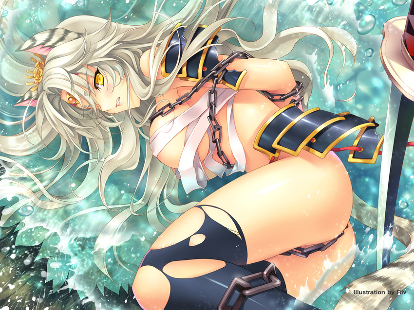 animal_ears areola_slip areolae armor arms_behind_back ass bandages bdsm black_legwear bondage bound breasts budget_sarashi chain flower headband highres large_breasts legs long_hair lying no_panties on_side original riv sarashi silver_hair solo sword tail thighhighs thighs torn_clothes torn_legwear water weapon yellow_eyes