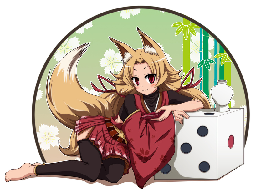 animal_ears arm_support bad_id bad_pixiv_id barefoot black_legwear blonde_hair cup dice fox_ears fox_tail hair_ribbon iduna_(kuzu_kow) long_hair looking_at_viewer original oversized_object red_eyes ribbon sakazuki shira-nyoro side_slit sitting skirt smile solo tail thighhighs toeless_legwear twintails vase wide_sleeves yokozuwari zettai_ryouiki