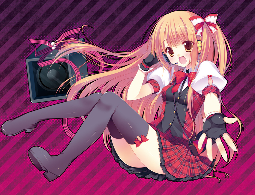 black_legwear blush boots bow brown_eyes brown_hair fingerless_gloves gloves hair_bow headset long_hair open_mouth original outstretched_arm plaid plaid_skirt sakura_hanpen sitting skirt smile solo speaker thigh_boots thighhighs