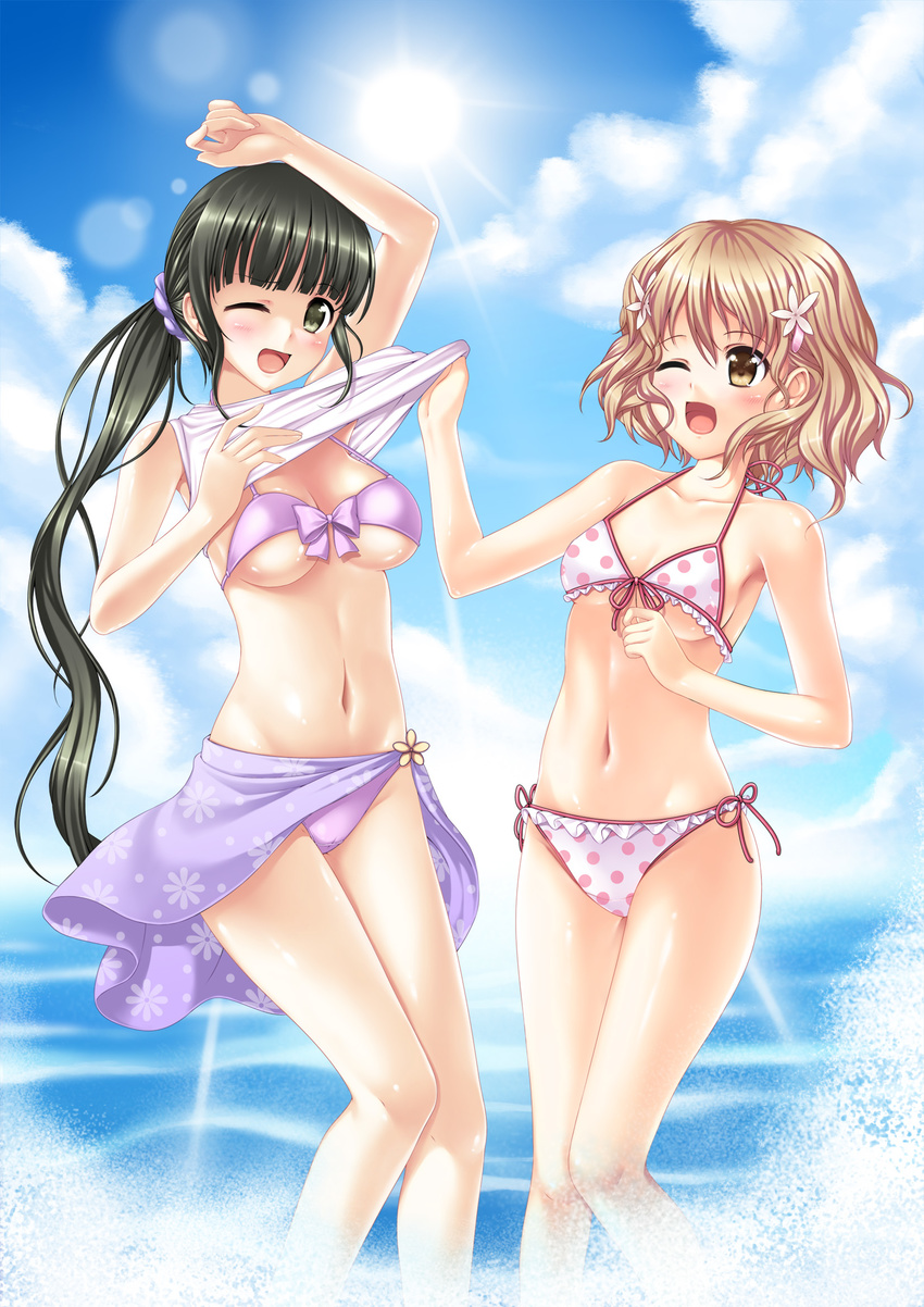 ;d alternate_hairstyle bad_id bad_pixiv_id bare_shoulders bikini breasts brown_eyes brown_hair cleavage floral_print flower front-tie_top hair_flower hair_ornament hairclip halterneck hanasaku_iroha highres light_rays long_hair looking_at_viewer matsumae_ohana medium_breasts midriff multiple_girls navel one_eye_closed open_mouth oshimizu_nako polka_dot polka_dot_bikini polka_dot_swimsuit ponytail print_sarong purple_sarong ren_san sarong side-tie_bikini smile sun sunbeam sunlight swimsuit underboob water