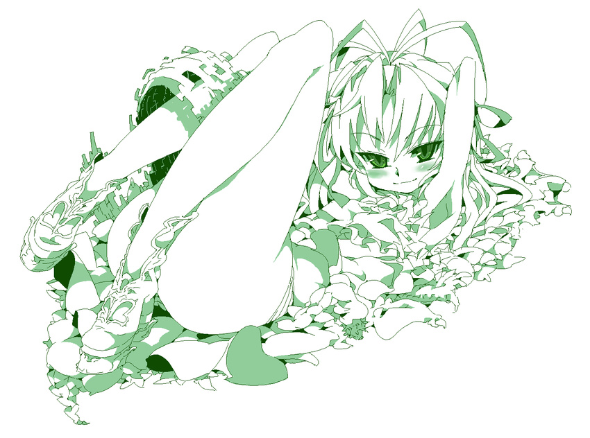 al_azif alabaster_(artist) armpits blush boots convenient_leg demonbane frills green legs_up long_hair lying monochrome naughty_face oekaki on_back panties smirk solo underwear