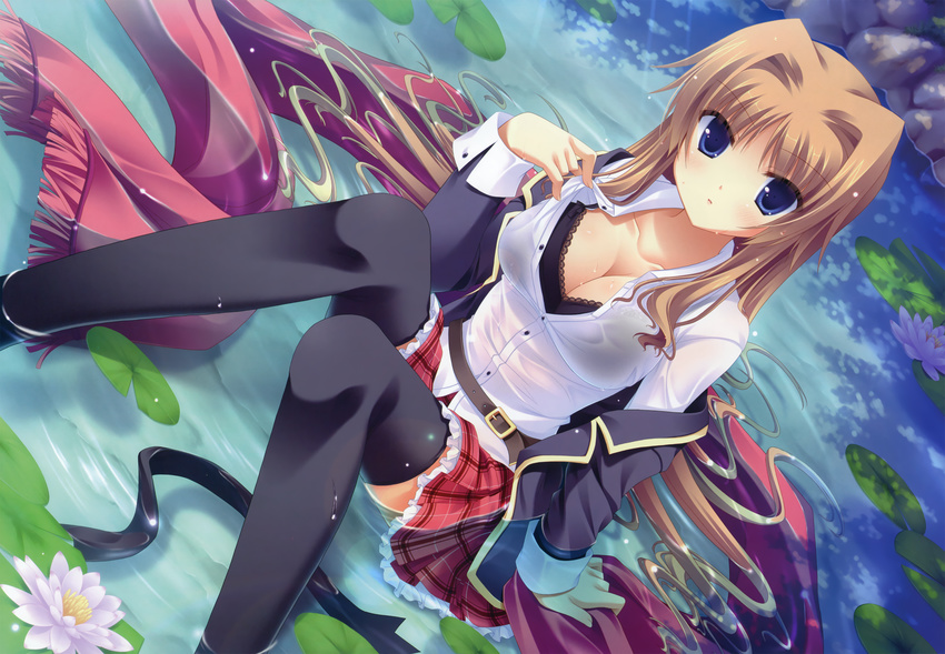 blue_eyes brown_hair cleavage dengeki_hime long_hair see_through tagme thighhighs water wet