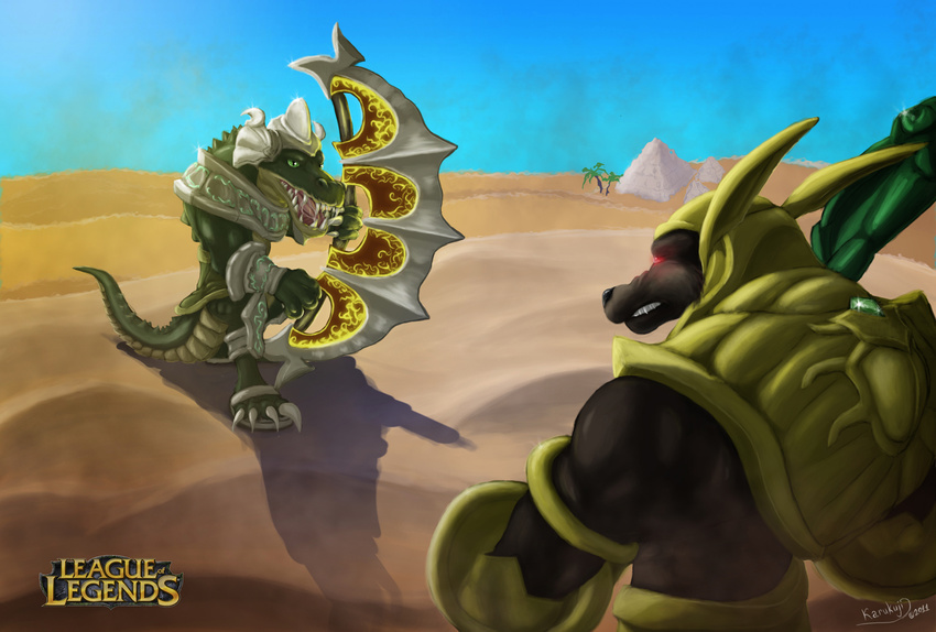 alligator angry anubian_jackal anubis armor biceps canine claws coyote crocodile deity desert dog egyptian glowing jackal jewelry karukuji league_of_legends male mammal mouth muscles nasus open open_mouth palm polearm pyramid renekton reptile scales scalie staff sun sword tree wallpaper weapon widescreen wood