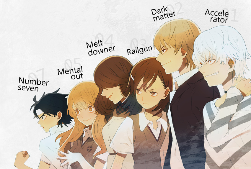 3boys 3girls accelerator bad_id bad_pixiv_id black_hair blonde_hair brown_eyes brown_hair choker elbow_gloves frown gloves grin group_picture group_profile hair_ornament hair_over_eyes hairpin headband kakine_teitoku lineup long_hair misaka_mikoto mtmt_mtmt mugino_shizuri multiple_boys multiple_girls profile red_eyes school_uniform shirt shokuhou_misaki short_sleeves smile sogiita_gunha striped striped_shirt sweater_vest symbol-shaped_pupils to_aru_majutsu_no_index uniform white_gloves white_hair yellow_eyes